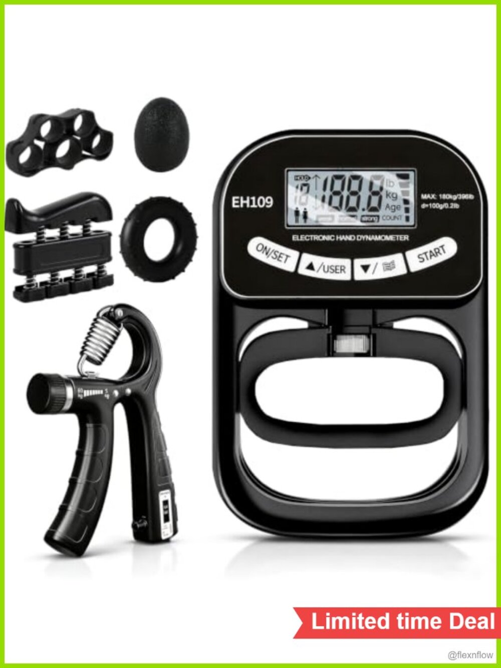 Digital Hand Dynamometer Grip Strength Tester & Adjustable Trainer Set